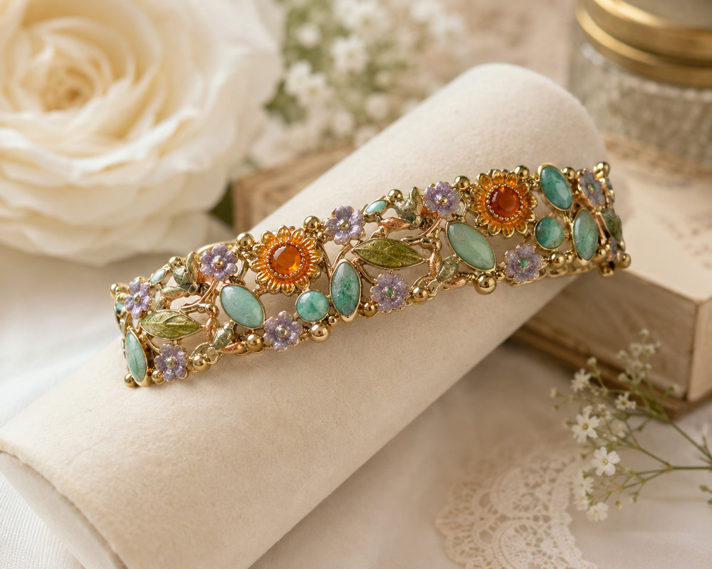 Vintage Liz Claiborne LC Gold Tone Enamel Five Panel Bracelet Sunflowers Bees 7"